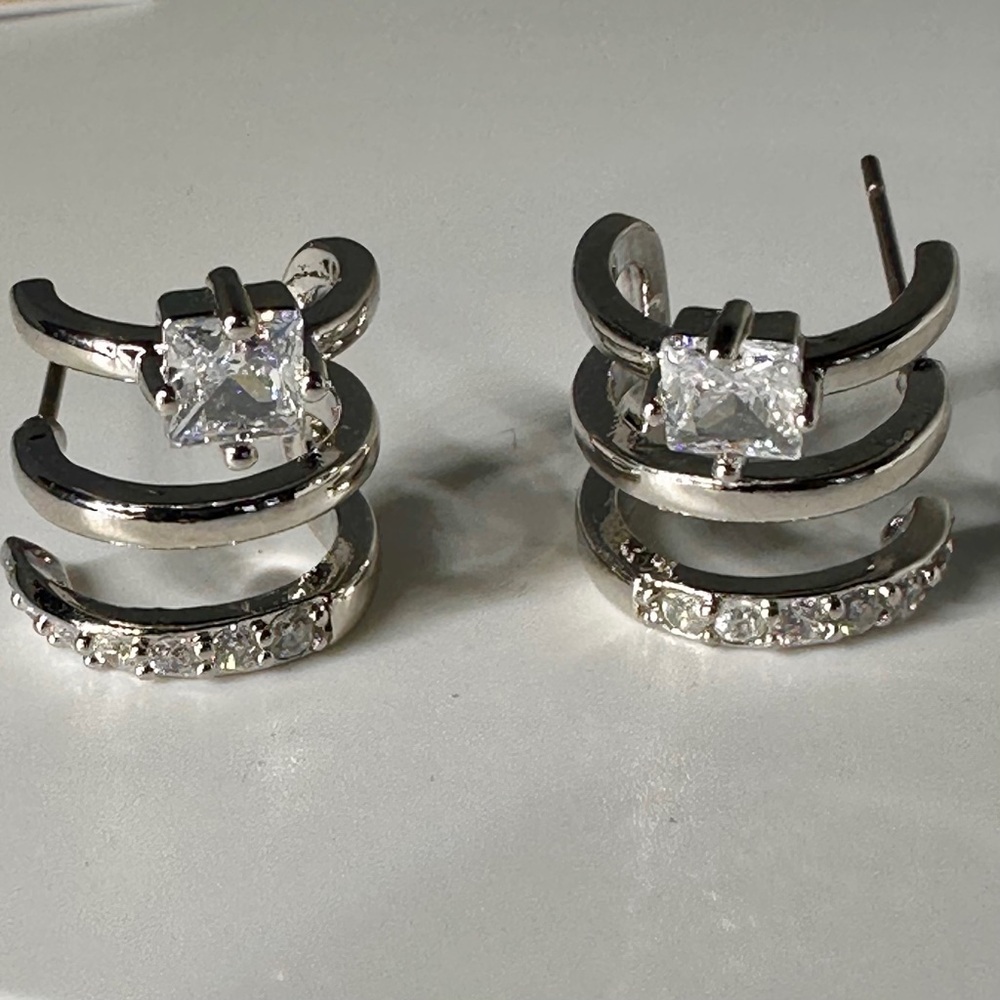 Silver Triple Cuff CZ Semi-Hoop Earrings – Multi Band Illusion Studs